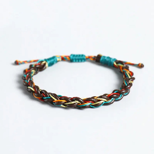 Bracelet Tibétain en Cuir Rouge et Bleu