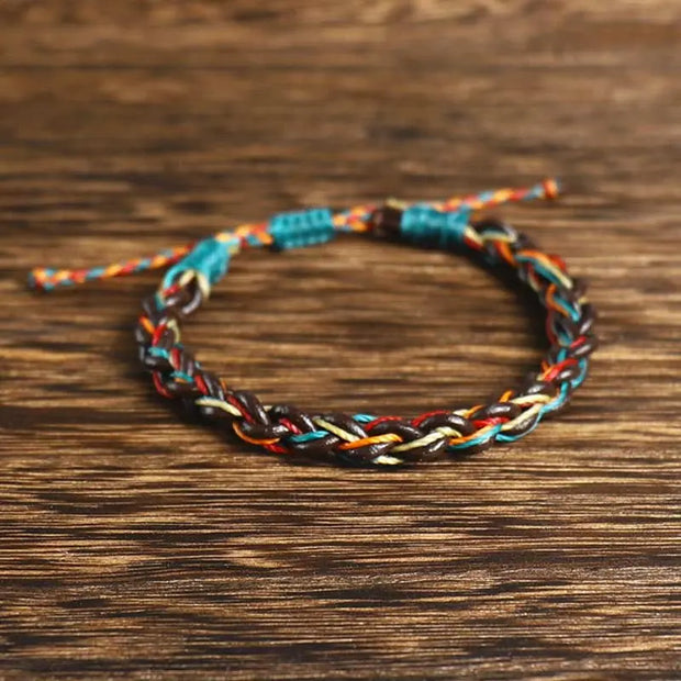 Bracelet Tibétain en Cuir Rouge et Bleu