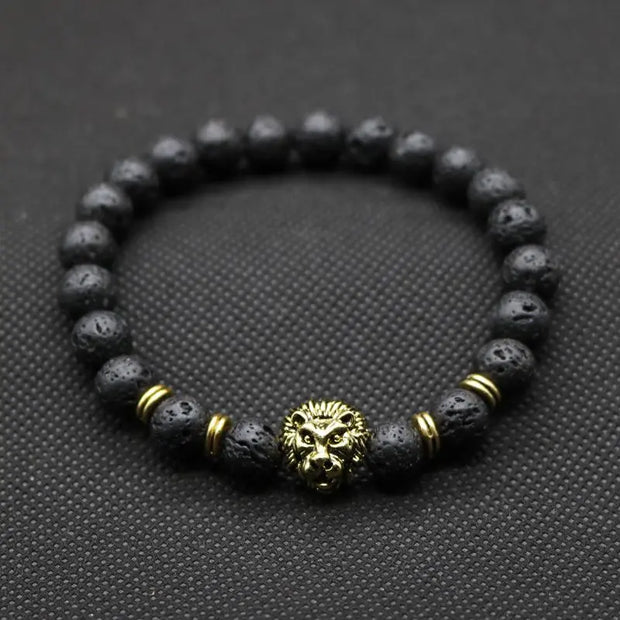 Bracelet en Pierre de Lave et Tête de Lion