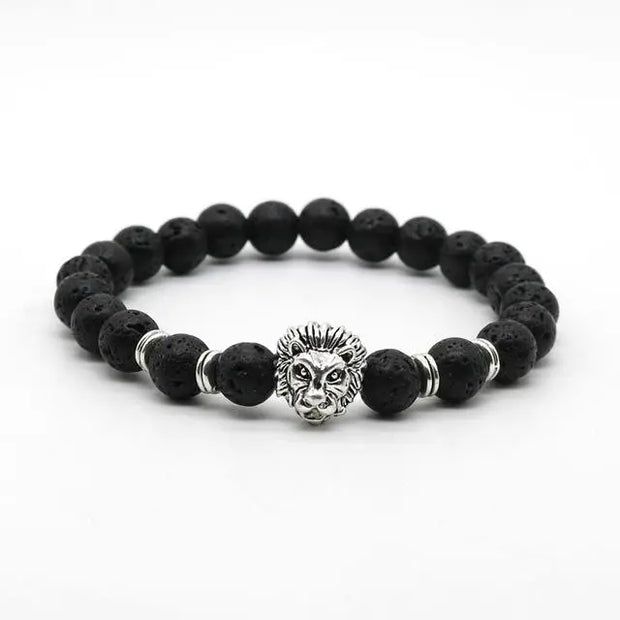 Bracelet en Pierre de Lave et Tête de Lion