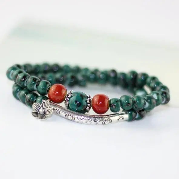 Bracelets en Perles de Céramique et Gravures fleuries - 3 couleurs