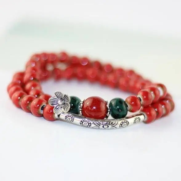 Bracelets en Perles de Céramique et Gravures fleuries - 3 couleurs