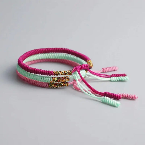 Triple Bracelet Tibétain Fuchsia Vert Rose